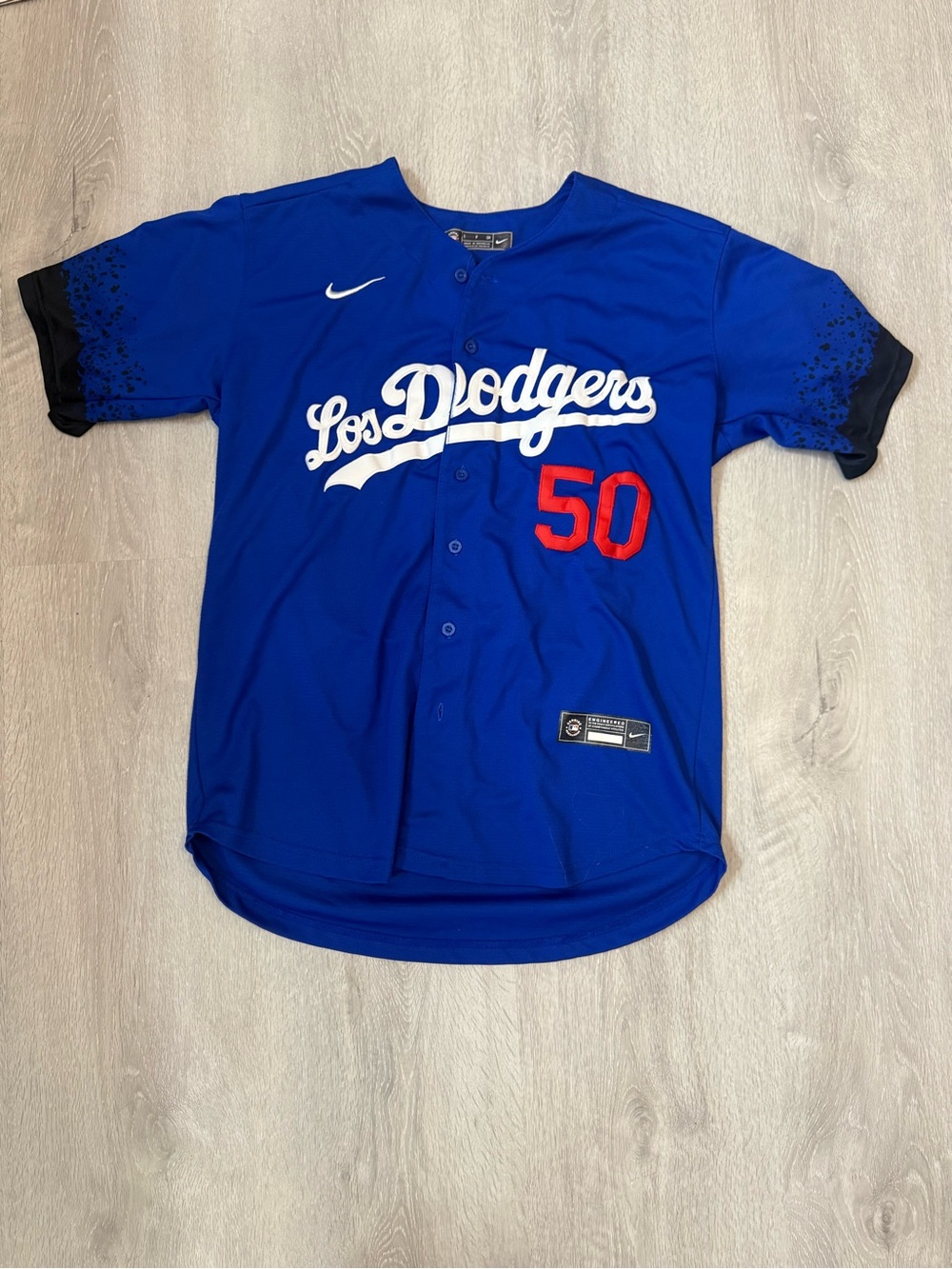 Nike Blue Los Dodgers Button-Front Jersey with Red 50